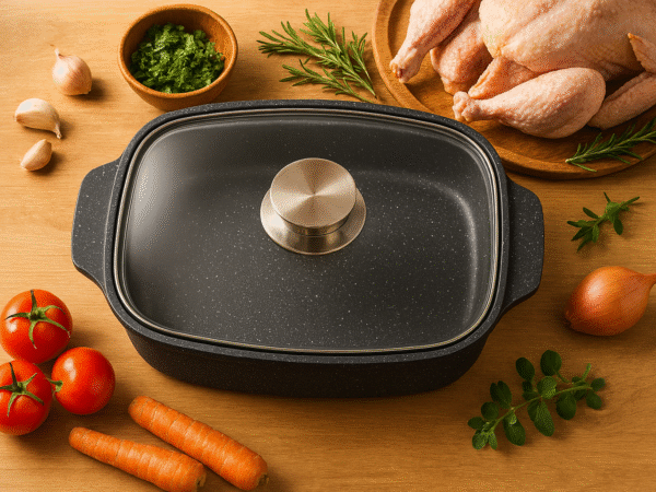 Rôtissoire noire 41 cm avec couvercle en verre, posée sur plan de travail en bois clair, entourée de poulet cru, légumes et herbes fraîches.