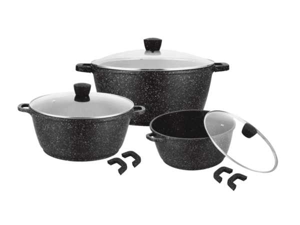 Set de 3 faitouts en fonte d’aluminium noir moucheté avec couvercles en verre trempé et poignées ergonomiques, diamètres 20, 24 et 28 cm.